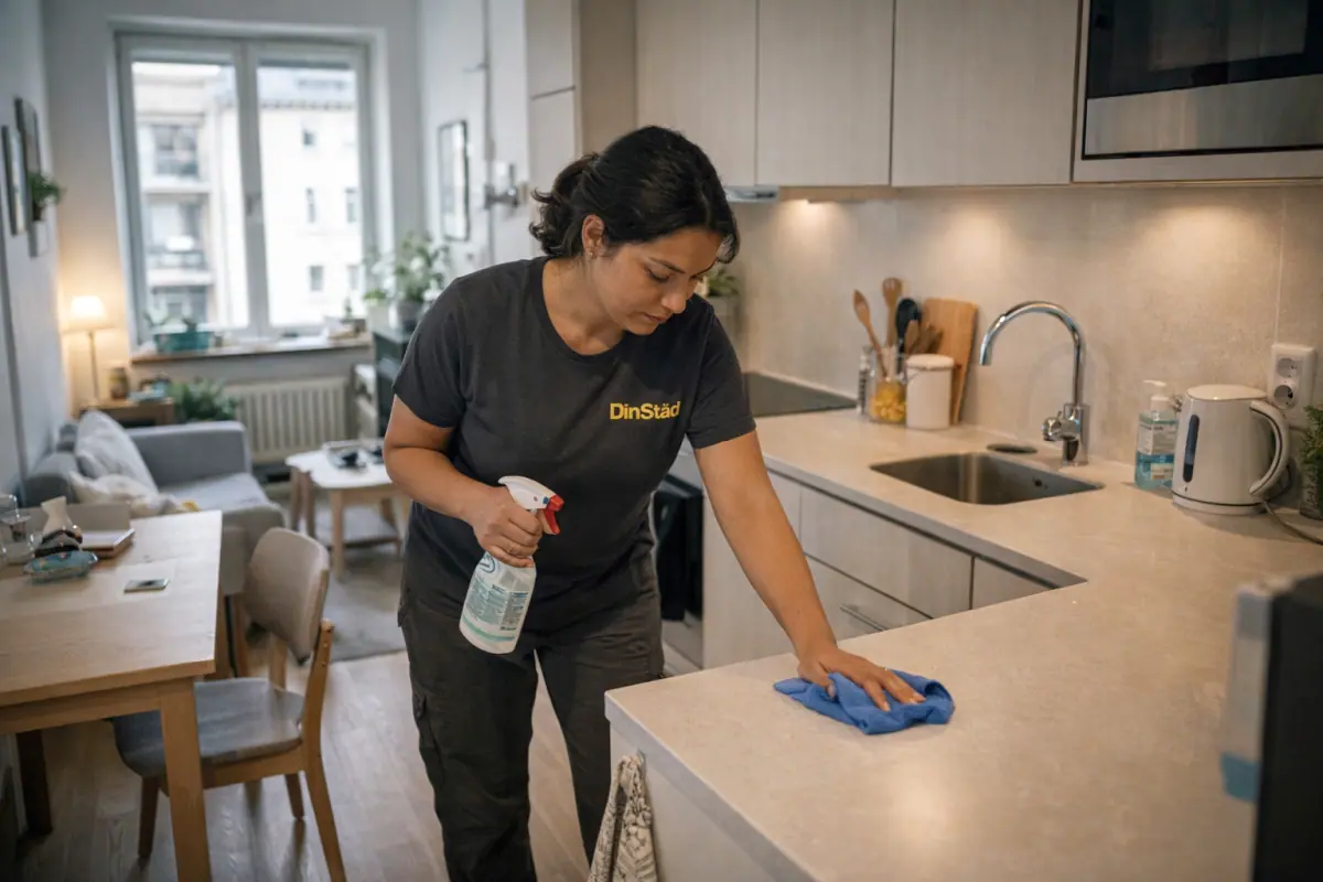 Kvinna städar i en modern lägenhet i Norrmalm