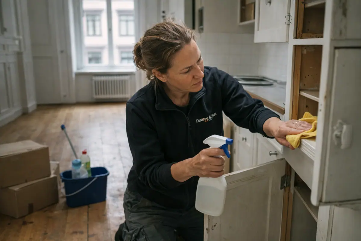 Kvinna städar i köket i Stockholm vid en flyttstädning i Stockholm