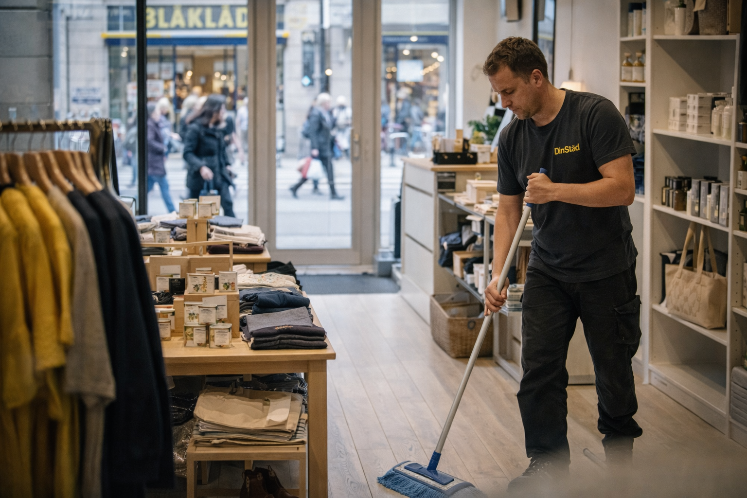 Städning i en butik på Drottninggatan i Norrmalm